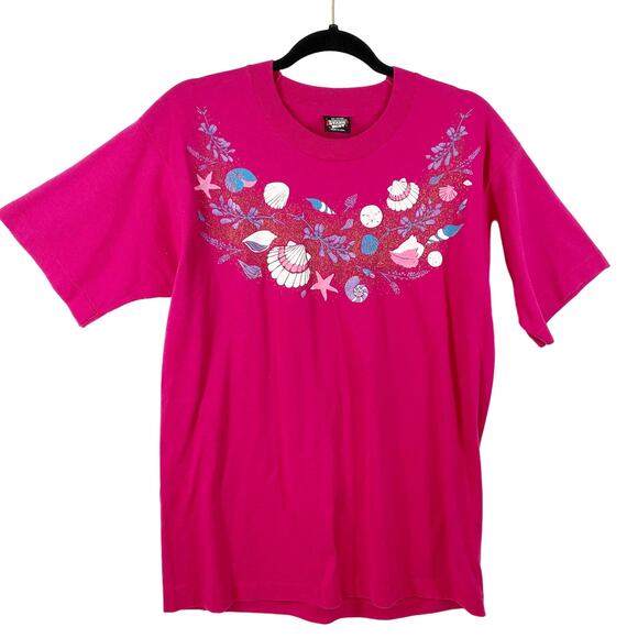 Vintage Grandma T-Shirt Dark Pink Womens Sea Shell Graphic Short Sleeves Large - Picture 1 of 8